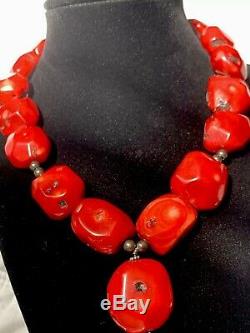 Old Heavy 187G Antique Natural Red Coral Beads 18 Choker Necklace 925 Sterling