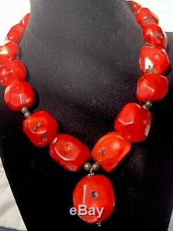 Old Heavy 187G Antique Natural Red Coral Beads 18 Choker Necklace 925 Sterling