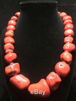Old Heavy 189G Antique Natural Red Salmon Coral Beads Necklace 925 Sterling 18+