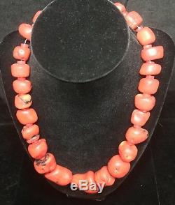 Old Heavy 189G Antique Natural Red Salmon Coral Beads Necklace 925 Sterling 18+