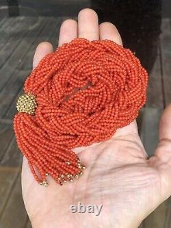 Old Natural Undyed Red Coral Multi Stranded Necklace With 18k Gold Bead Braided