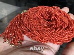 Old Natural Undyed Red Coral Multi Stranded Necklace With 18k Gold Bead Braided