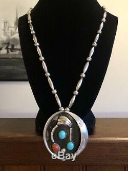 Old Navajo Sterling Silver Bench Bead Large Turquoise Coral Pendant Necklace 925