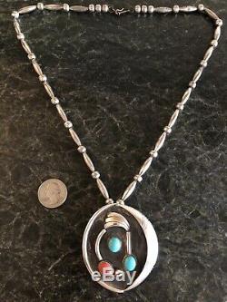 Old Navajo Sterling Silver Bench Bead Large Turquoise Coral Pendant Necklace 925
