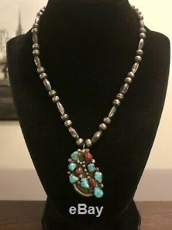 Old Pawn Navajo Sterling Silver Bench Bead Turquoise Coral Pendant Necklace 925