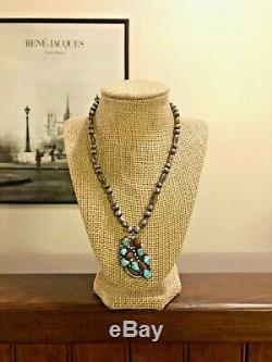 Old Pawn Navajo Sterling Silver Bench Bead Turquoise Coral Pendant Necklace 925