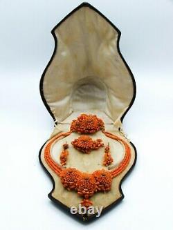 Old Real Antique Natural Coral Beads Necklace Earrings Bracelet Brooch Set 12K