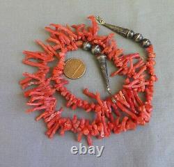 Old Vintage Coral Necklace w Bench Made Silver Beads and Stamped Cone Ends