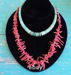 Old Vintage Coral Necklace w Bench Made Silver Beads and Stamped Cone Ends