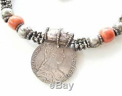 Old yemen Maria Theresa Silver coin necklace and red/black coral Wheel Beads