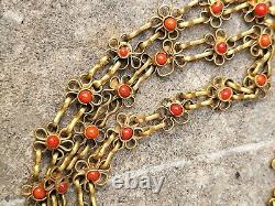 One Foot Long Vintage Or Antique Necklace With Red Corals Gold Filled