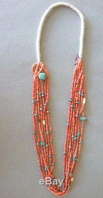 Out of pawn hand-rolled Navajo coral necklace turquoise + silver beads 15