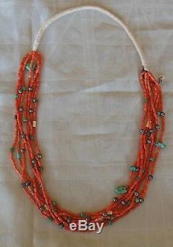 Out of pawn hand-rolled Navajo coral necklace turquoise + silver beads 15