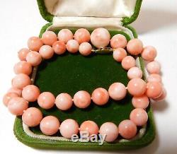 Peach Pink Graduated Coral Bead Knotted strand Necklace 14k Gold Clasp 8m 9