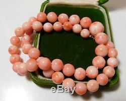 Peach Pink Graduated Coral Bead Knotted strand Necklace 14k Gold Clasp 8m 9
