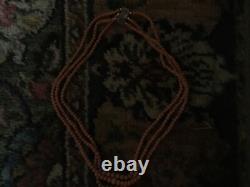 Pink CORAL Triple Strand String 3mm Bead Necklace Vintage