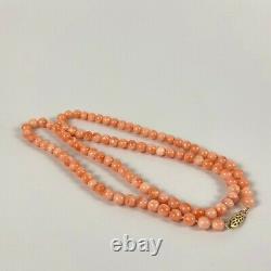 Pink Peach Angel Skin Coral Round Bead Necklace 14K Yellow Gold Filigree Clasp