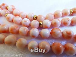 Pink coral round knotted 11mm beads necklace 14k gold clasp 28 Long