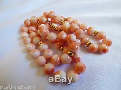 Pink coral round knotted 11mm beads necklace 14k gold clasp 28 Long