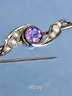 Pretty Edwardian Arts & Crafts 9ct ROSE GOLD Amethyst Tiny Seed Pearl Pin BROOCH