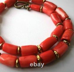 Pretty Vintage Salmon Colour Coral Necklace, 15 1/4 Long, Cylinder Shape Beads