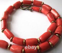 Pretty Vintage Salmon Colour Coral Necklace, 15 1/4 Long, Cylinder Shape Beads