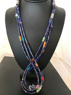 Pueblo Sterling Silver Navajo Lapis Spiny Coral Turquoise Necklace Gift 8372 28