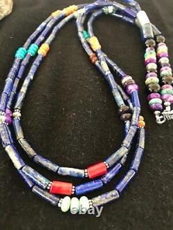 Pueblo Sterling Silver Navajo Lapis Spiny Coral Turquoise Necklace Gift 8372 28