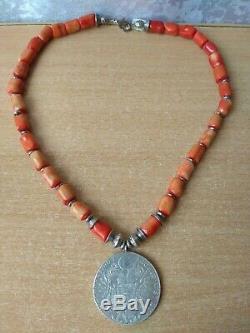 RARE Vintage Red coral Beads Ukrainian Necklace with Silver coin Maria Theresia