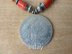 RARE Vintage Red coral Beads Ukrainian Necklace with Silver coin Maria Theresia