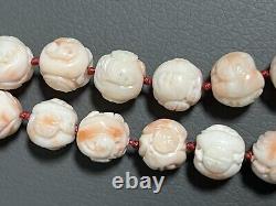 Rare Angel Skin Beaded Carved Natural Coral Necklace Carved White & Pink