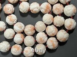 Rare Angel Skin Beaded Carved Natural Coral Necklace Carved White & Pink
