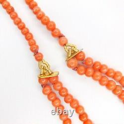 Rare Antique 9ct Gold Coral Bead Necklace Double String Round Salmon Coral Beads