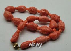 Rare Antique Chinese Carved Buddha Bead Natural Pink Coral Necklace 199.1 G