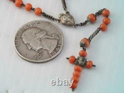 Rare Antique Victorian Sterling Coral Bead Rosary Bead Necklace