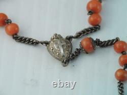 Rare Antique Victorian Sterling Coral Bead Rosary Bead Necklace