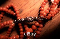 Rare Regency Georgian Necklace Red Coral Beads Silver Fede Clasp in Antique Box