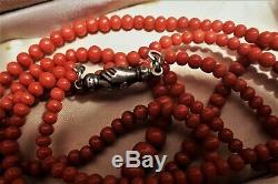 Rare Regency Georgian Necklace Red Coral Beads Silver Fede Clasp in Antique Box