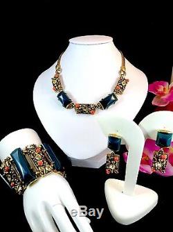 Rare Selro Goldtone Emerald Lucite Coral Bead Necklace Bracelet Clip Earring Set