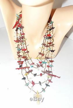 Rare Vtg 5 Strand FETISH Necklace Heishi Bead Turquoise Red Coral MOP Onyx 22