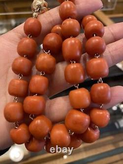 Rare antique 84 gram 12-13mm natural coral beads Complete In 14k Rose Gold