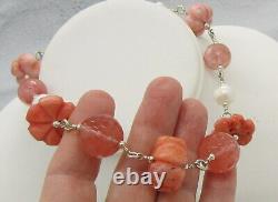 Rebecca Collins Sterling SIlver Column Pearl Carved Peach Coral Bead Necklace
