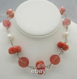 Rebecca Collins Sterling SIlver Column Pearl Carved Peach Coral Bead Necklace