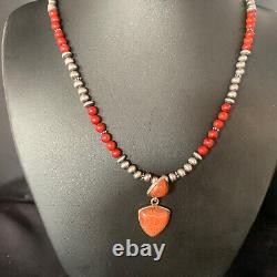Red Apple Coral Navajo Pearls Sterling Silver Bead Necklace Pendant 21 13414