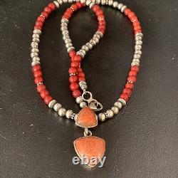 Red Apple Coral Navajo Pearls Sterling Silver Bead Necklace Pendant 21 13414