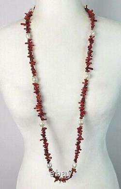 Red Bamboo Coral And Mother Of Pearl Beads Long Infinity Necklace Contemporary