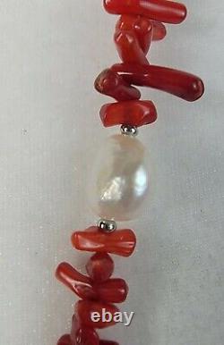 Red Bamboo Coral And Mother Of Pearl Beads Long Infinity Necklace Contemporary