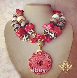 Red Coral African Statement Necklace Carved Jade Zebra African Batik Beads Brass