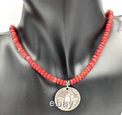 Red Coral Bead Necklace 900 Silver 1930 Liberty Quarter Coin Pendant 925 Clasp