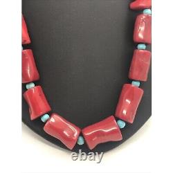 Red Coral Beads Chunky Turquoise Beaded Necklace Sterling Silver 925 Clasp